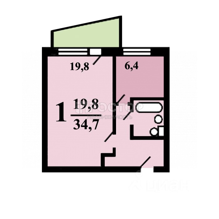 1-комнатная квартира, 35 м² - фото 10