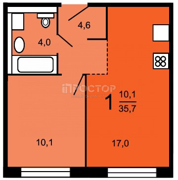 1-комнатная квартира, 35.5 м² - фото 19