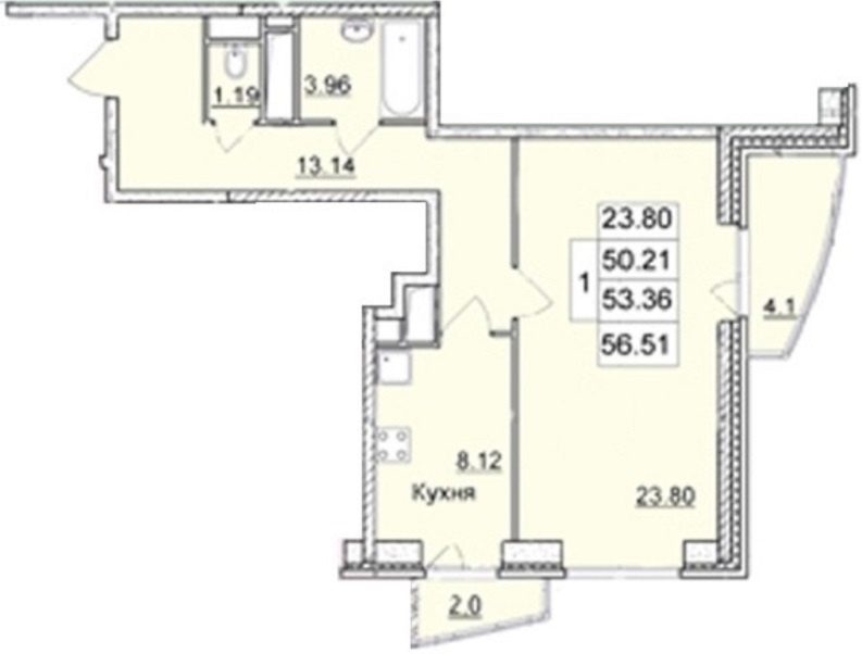 1-комнатная квартира, 56.51 м² - фото 12