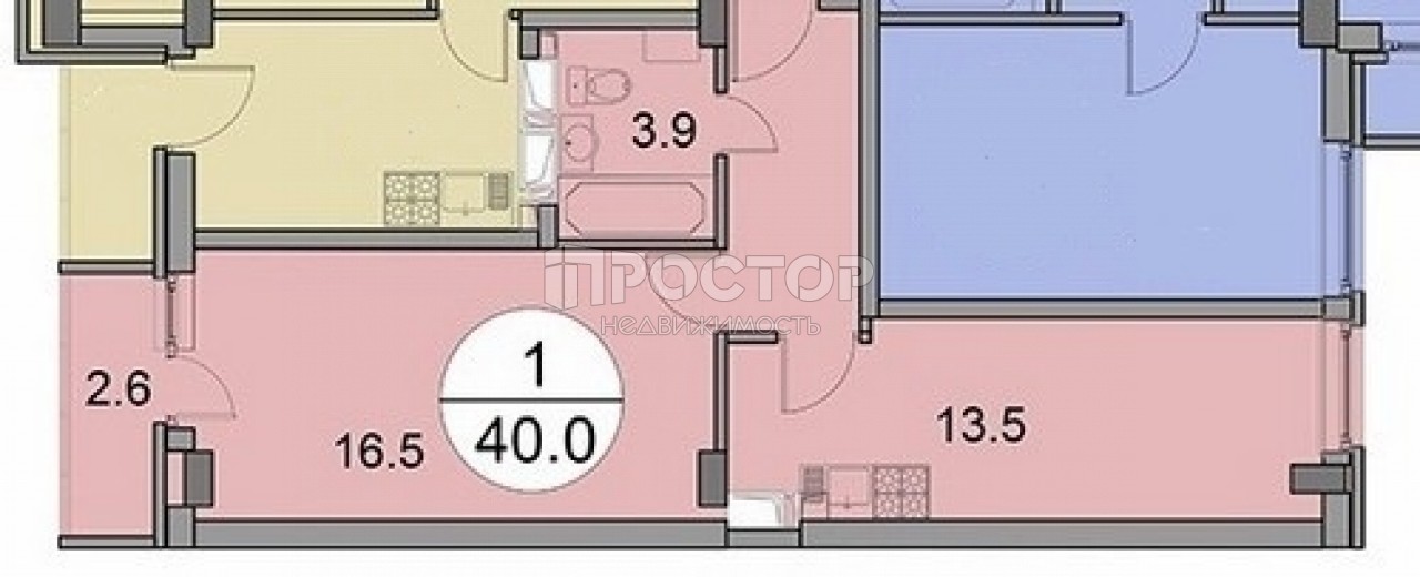 1-комнатная квартира, 40 м² - фото 3