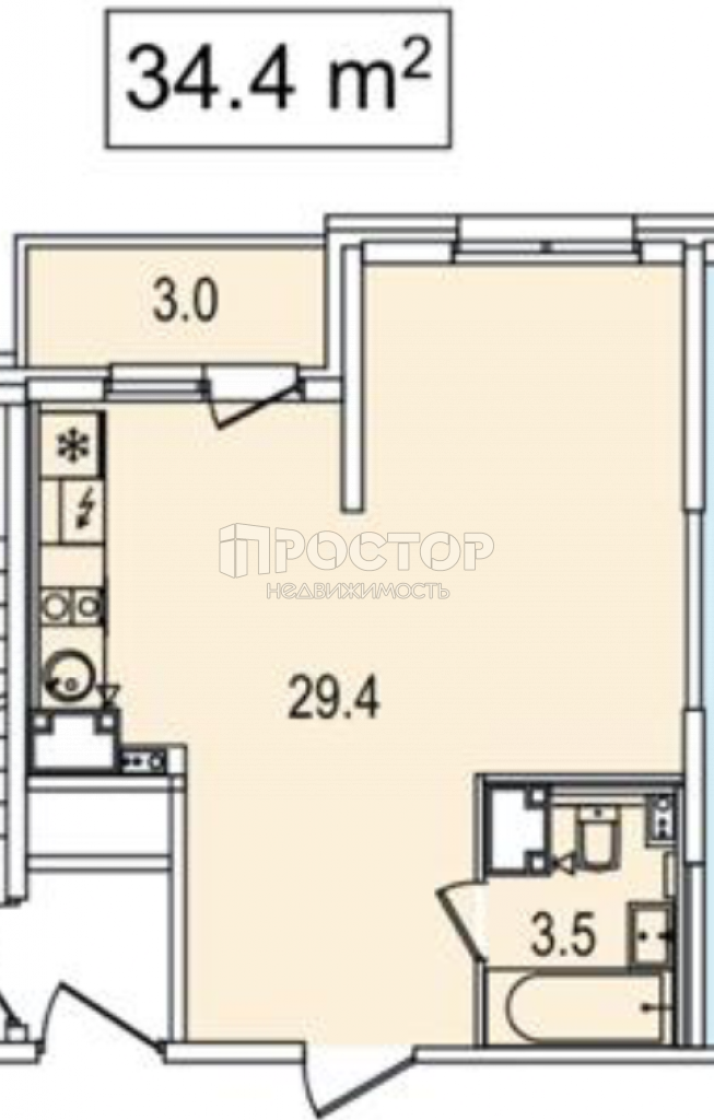 1-комнатная квартира, 34 м² - фото 2