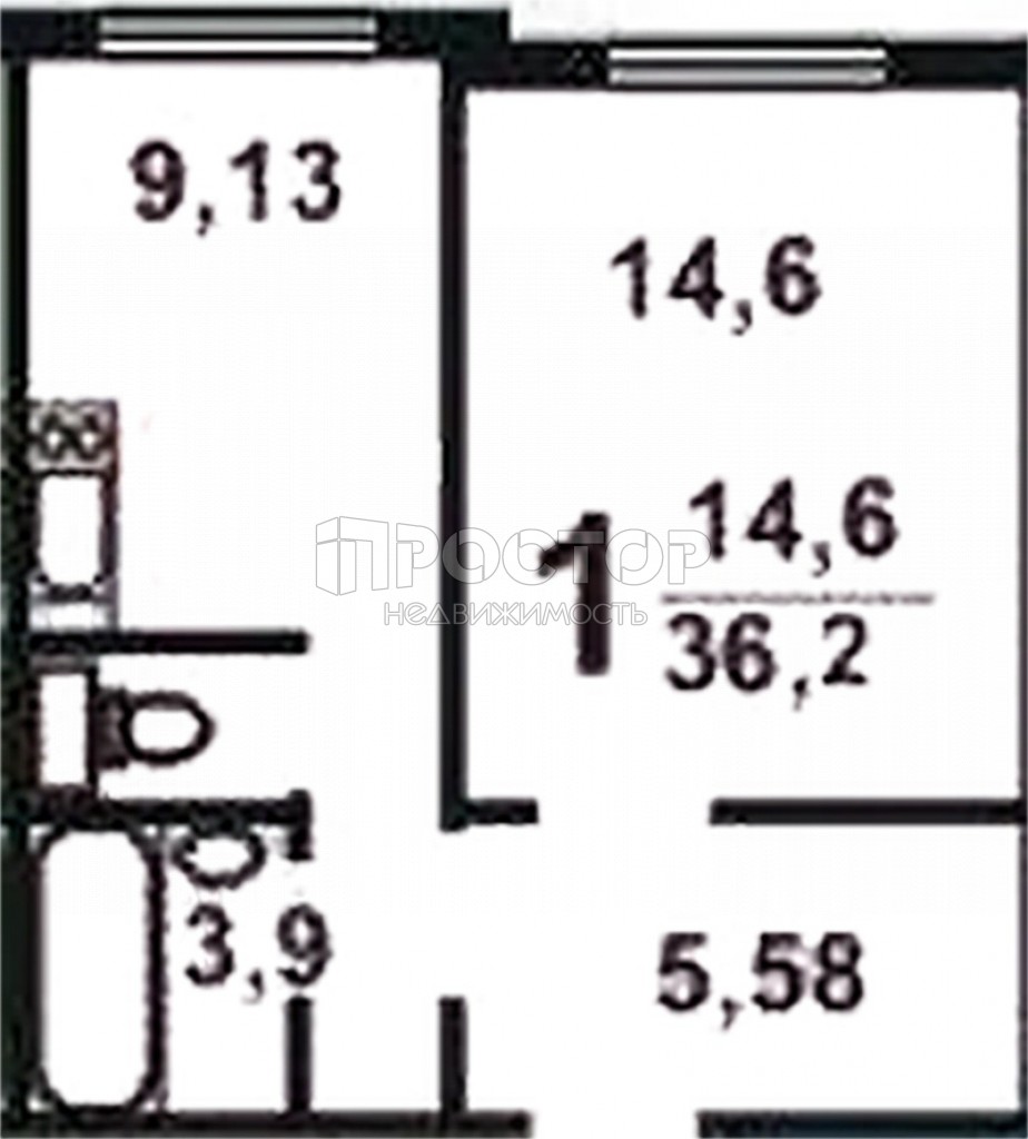 1-комнатная квартира, 36.2 м² - фото 14