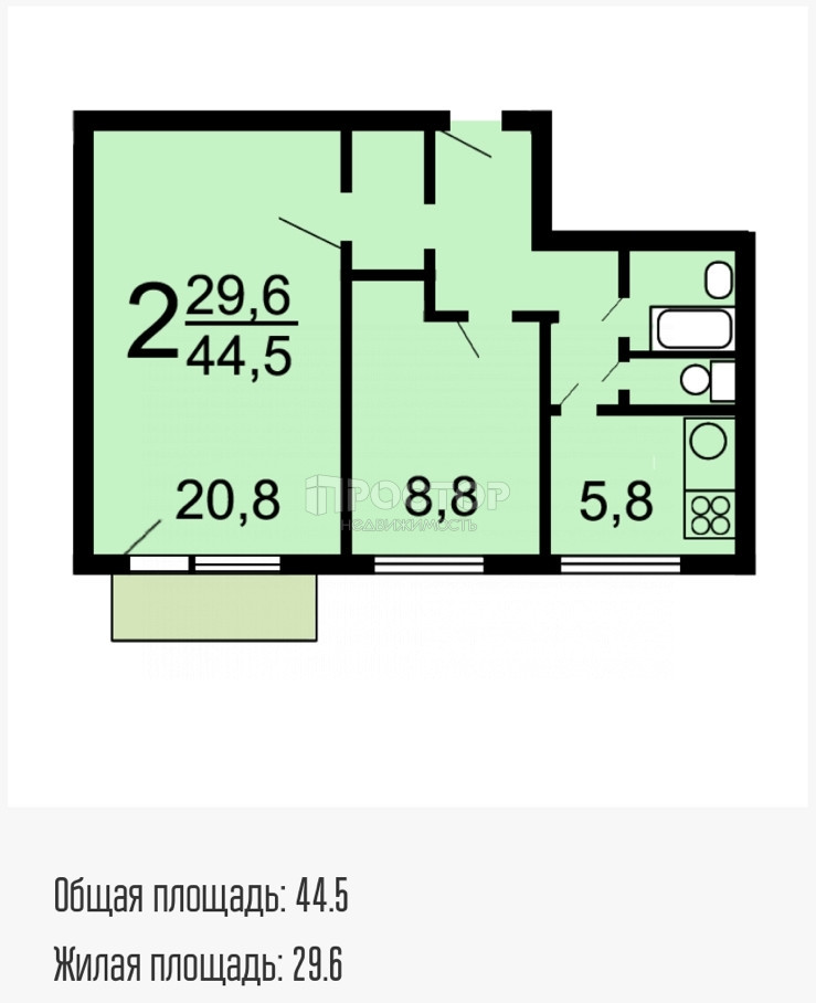 2-комнатная квартира, 45 м² - фото 13