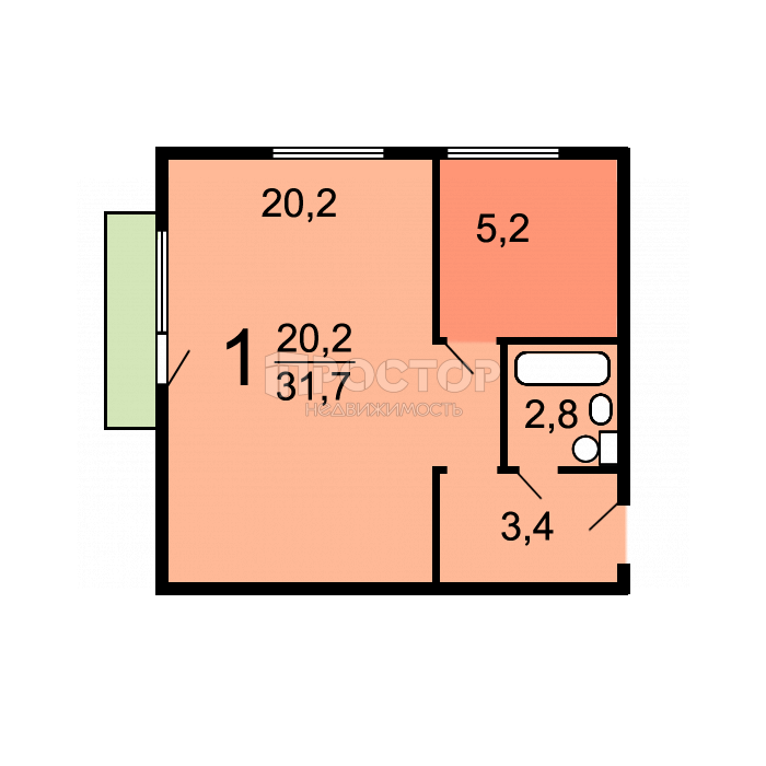1-комнатная квартира, 31.8 м² - фото 18