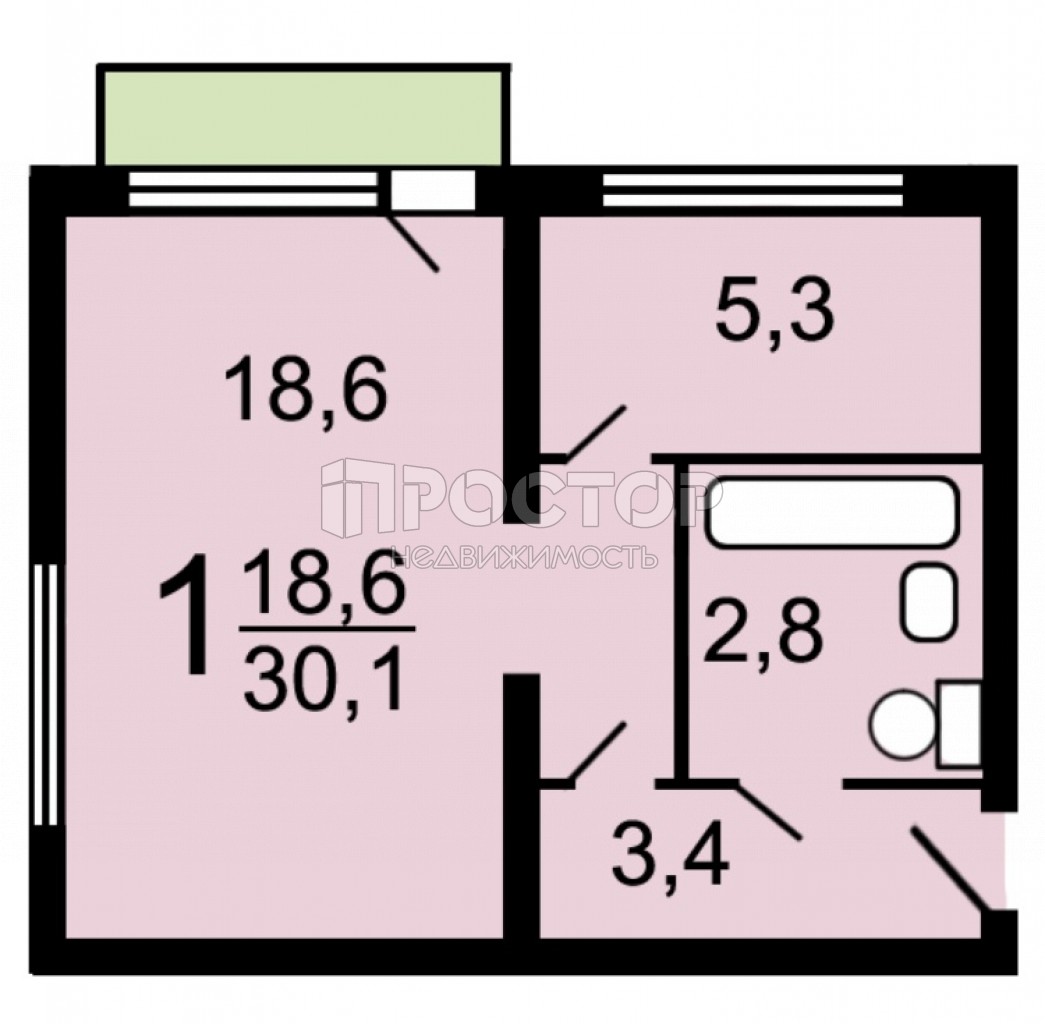 1-комнатная квартира, 30.1 м² - фото 3