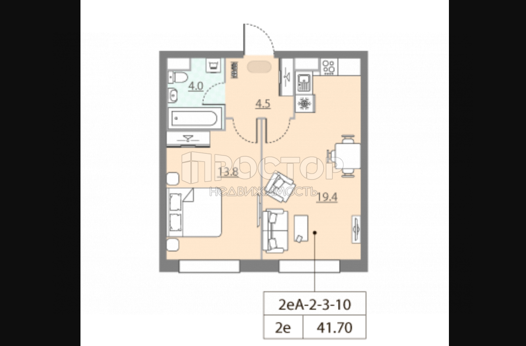 1-комнатная квартира, 41.7 м² - фото 2