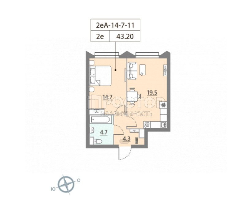 1-комнатная квартира, 43.2 м² - фото 2