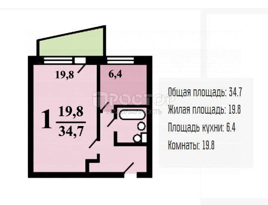 1-комнатная квартира, 35 м² - фото 11