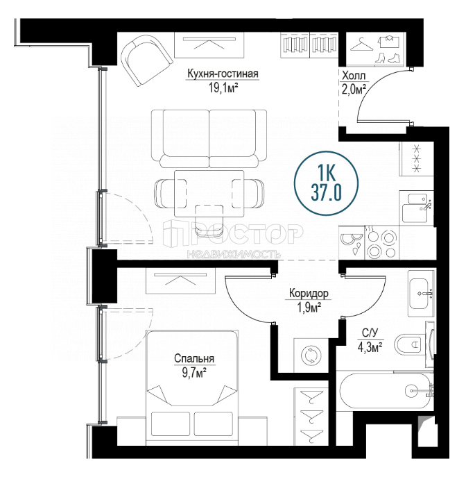 1-комнатная квартира, 37 м² - фото 5