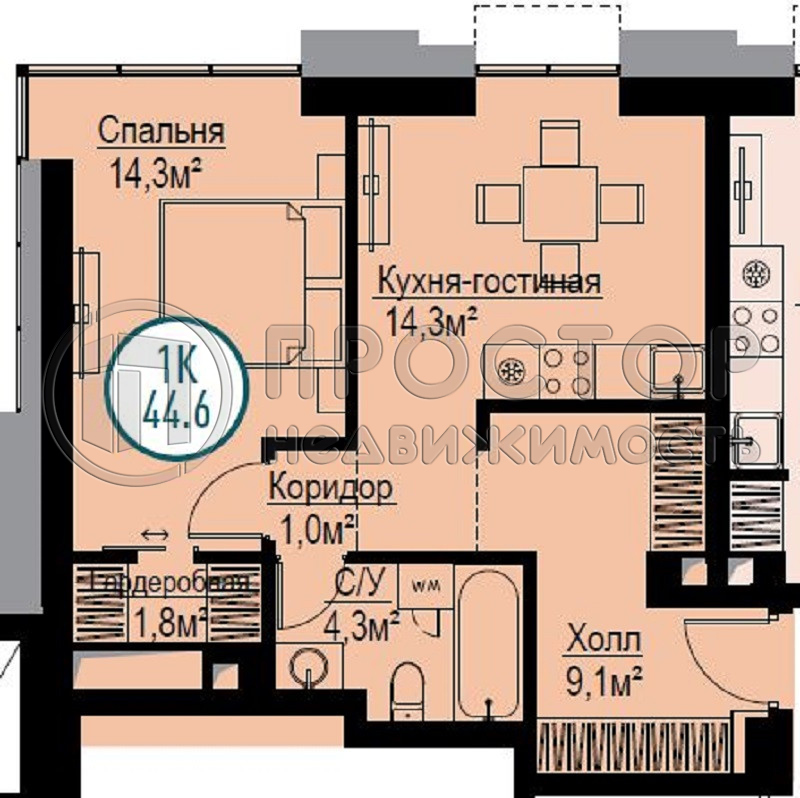 2-комнатная квартира, 45.6 м² - фото 2