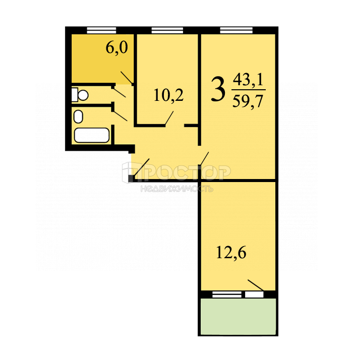 3-комнатная квартира, 60 м² - фото 16