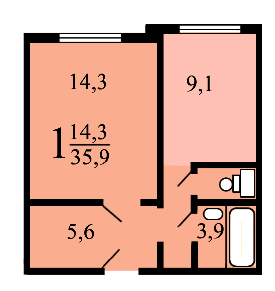 1-комнатная квартира, 35.9 м² - фото 19