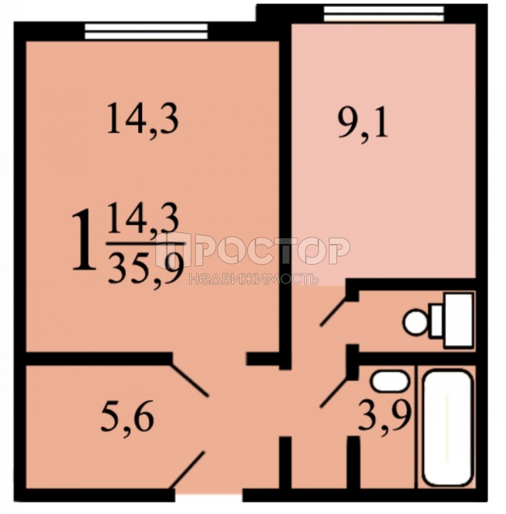 1-комнатная квартира, 35.9 м² - фото 3