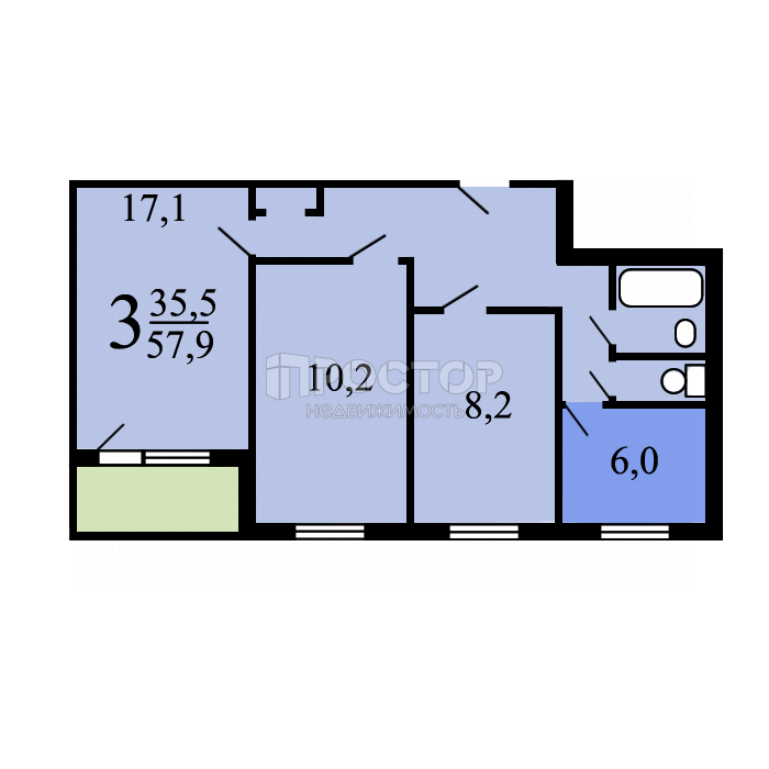 3-комнатная квартира, 59 м² - фото 6