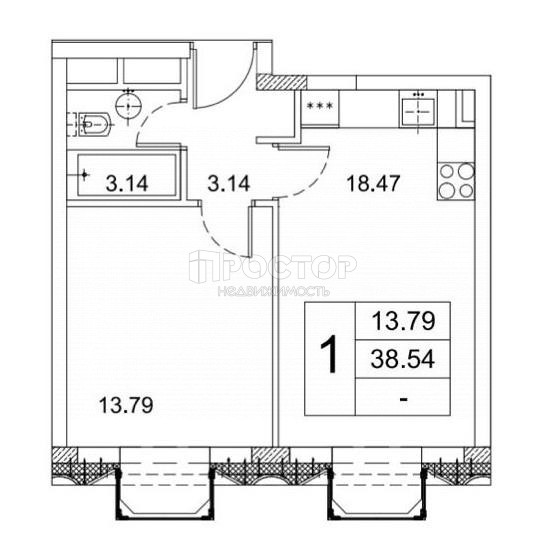 1-комнатная квартира, 39.1 м² - фото 17