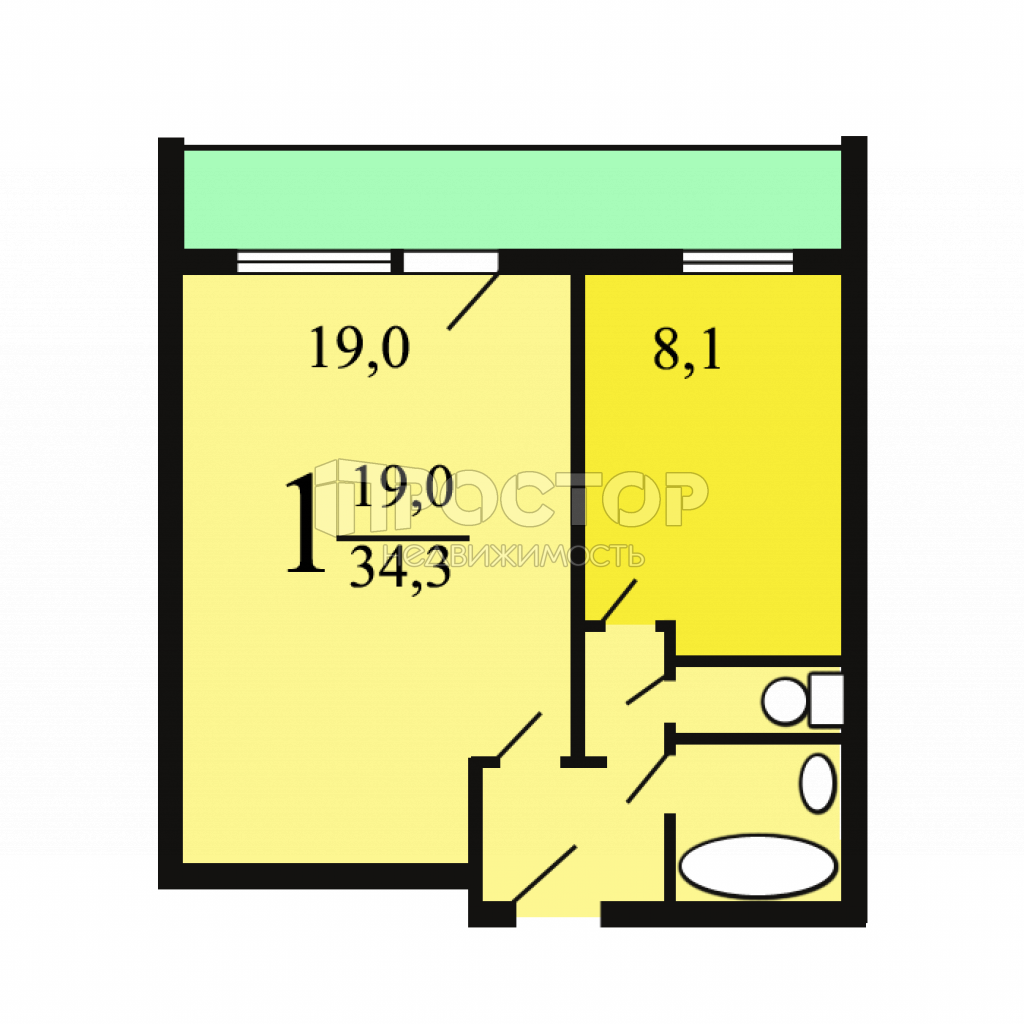 1-комнатная квартира, 34.3 м² - фото 13