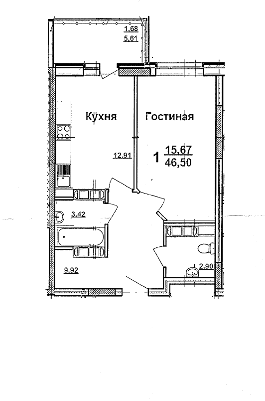 1-комнатная квартира, 46.5 м² - фото 16