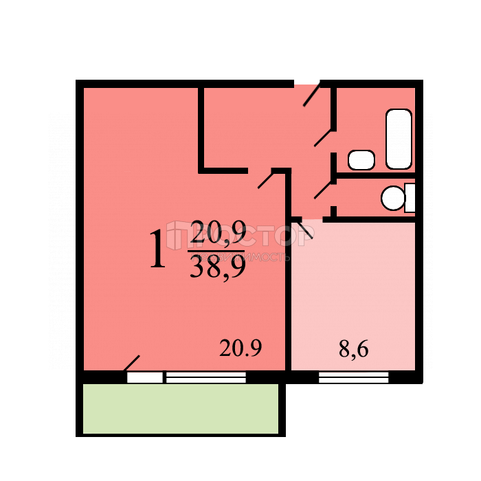 1-комнатная квартира, 38.9 м² - фото 12