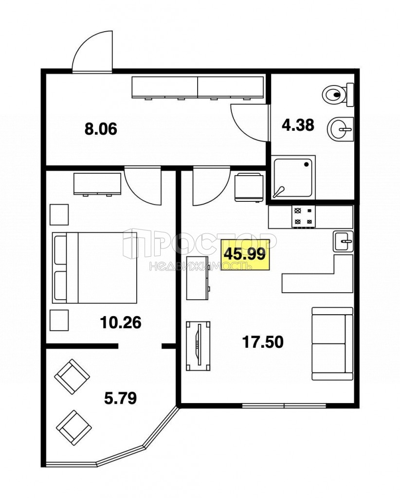 2-комнатная квартира, 45.99 м² - фото 21