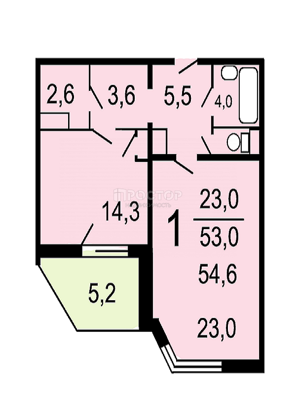 1-комнатная квартира, 53 м² - фото 9
