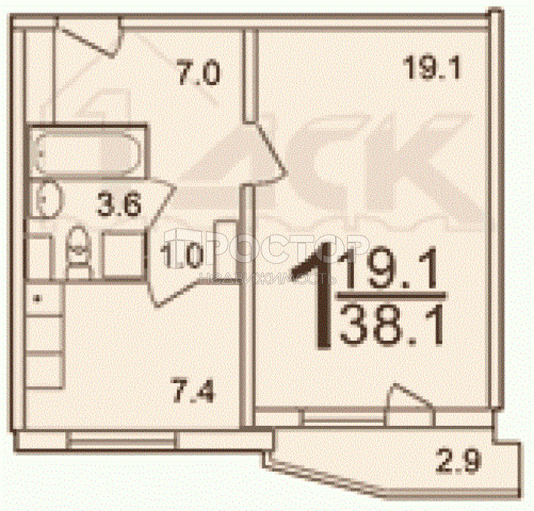 1-комнатная квартира, 39 м² - фото 19