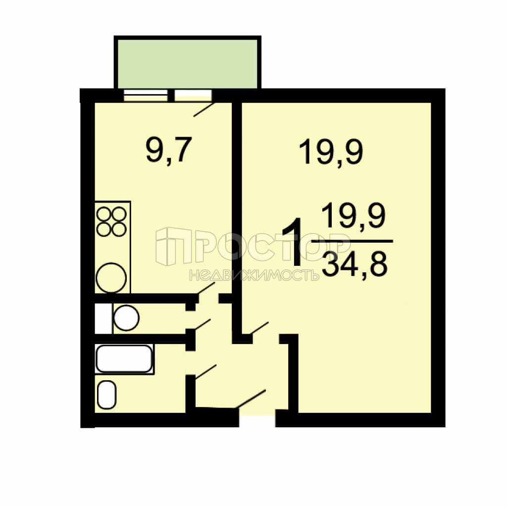1-комнатная квартира, 34.8 м² - фото 6