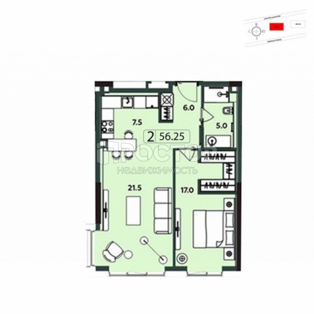 2-комнатная квартира, 57 м² - фото 4