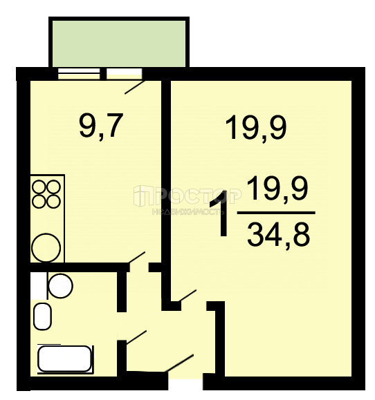 1-комнатная квартира, 35 м² - фото 19