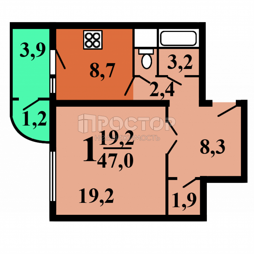 1-комнатная квартира, 47 м² - фото 18