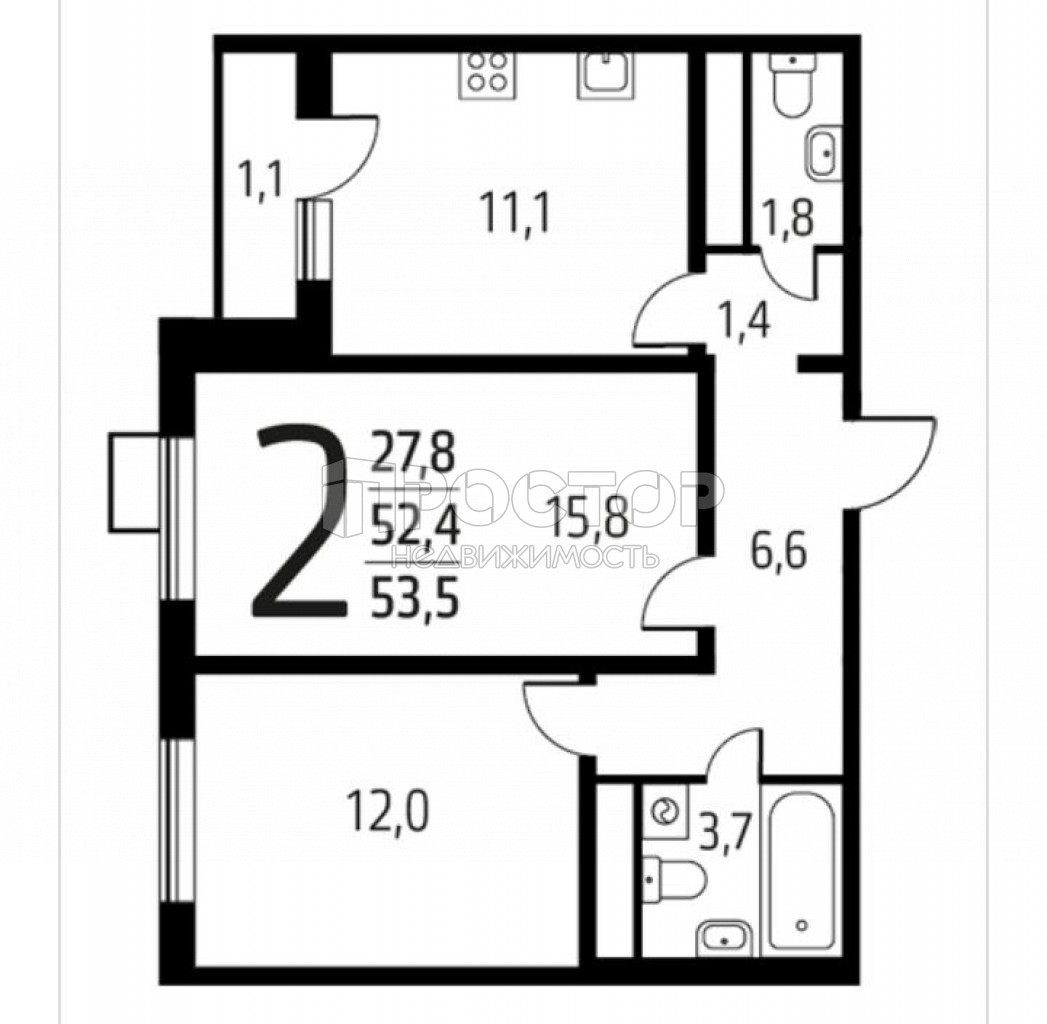 2-комнатная квартира, 54 м² - фото 2