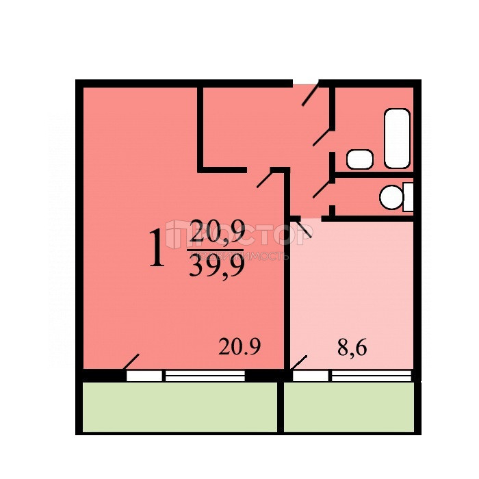 1-комнатная квартира, 39.8 м² - фото 30