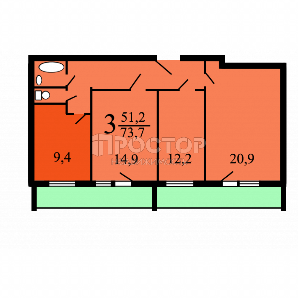 3-комнатная квартира, 73.7 м² - фото 23