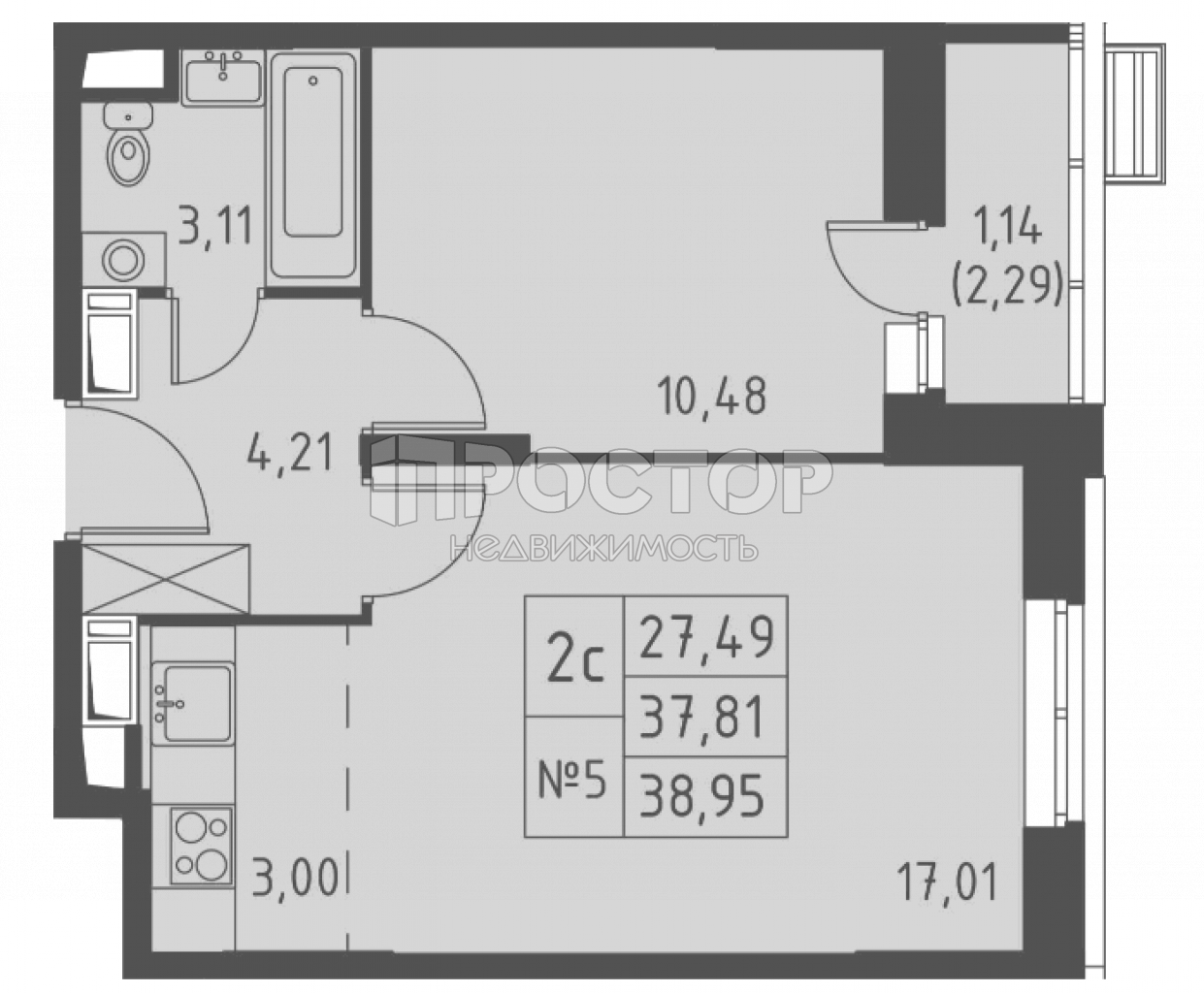 2-комнатная квартира, 38.95 м² - фото 13