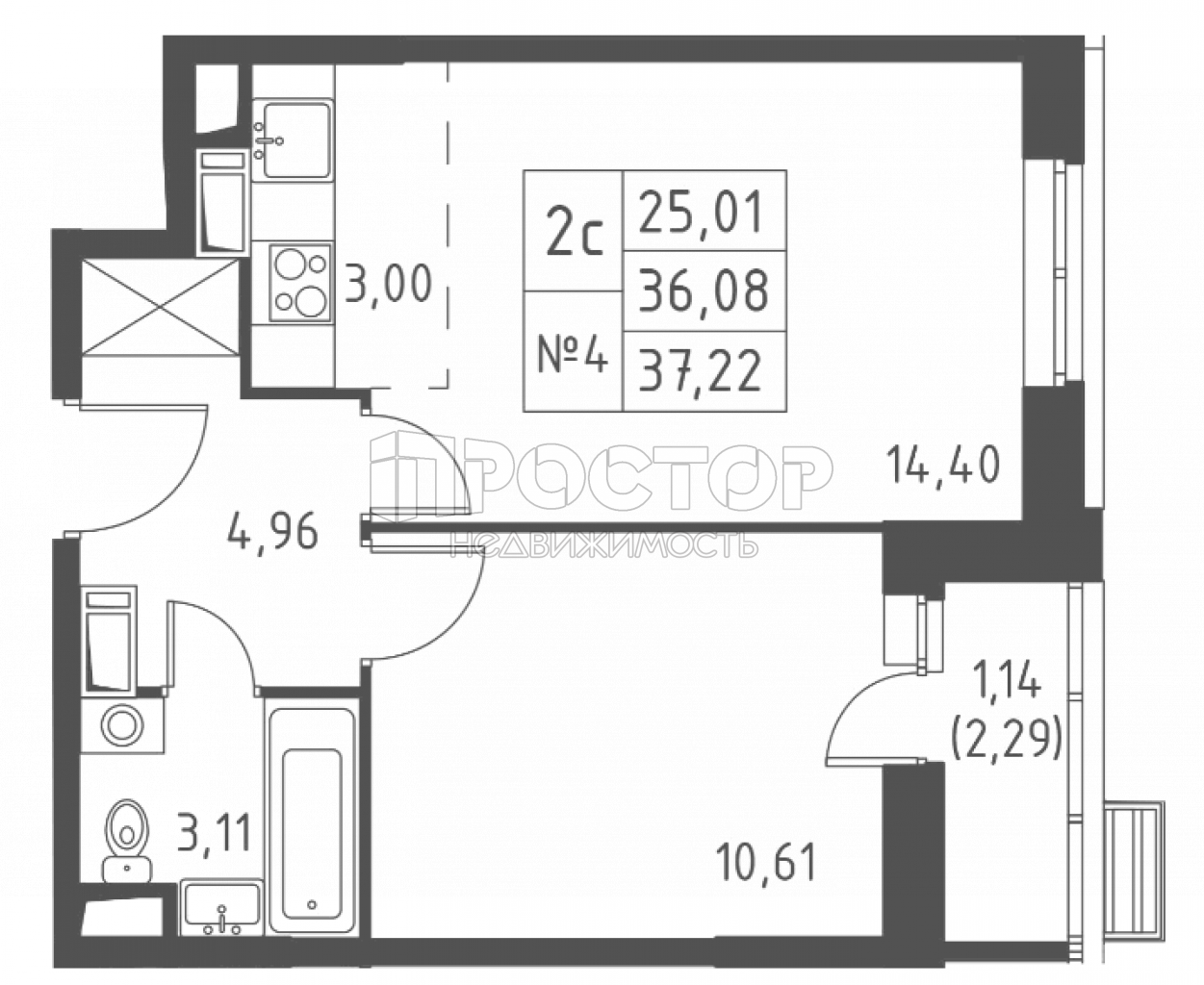 2-комнатная квартира, 37.22 м² - фото 2