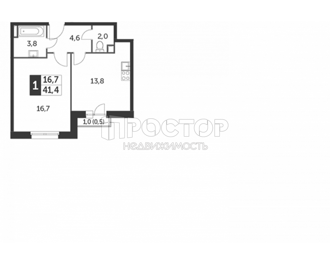 1-комнатная квартира, 41.1 м² - фото 2