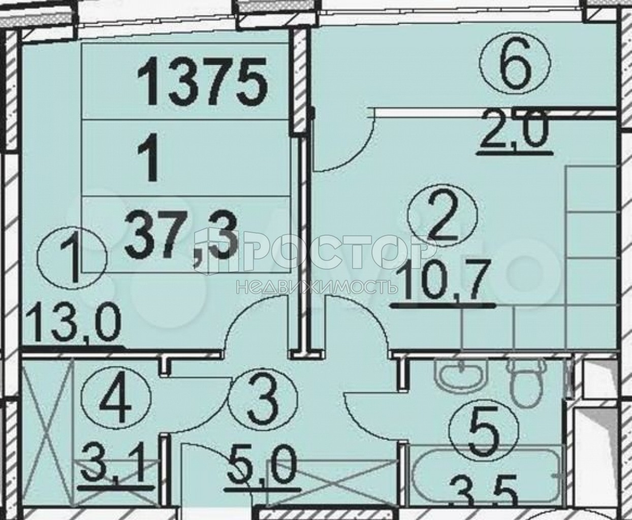 1-комнатная квартира, 37.3 м² - фото 5