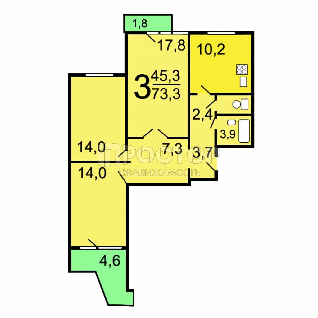 3-комнатная квартира, 73.3 м² - фото 14