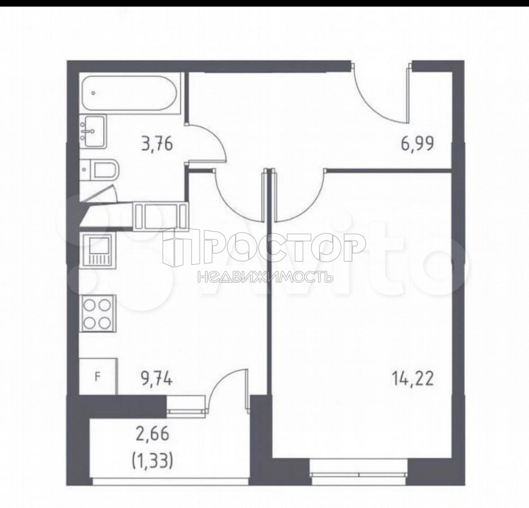 1-комнатная квартира, 37.37 м² - фото 13