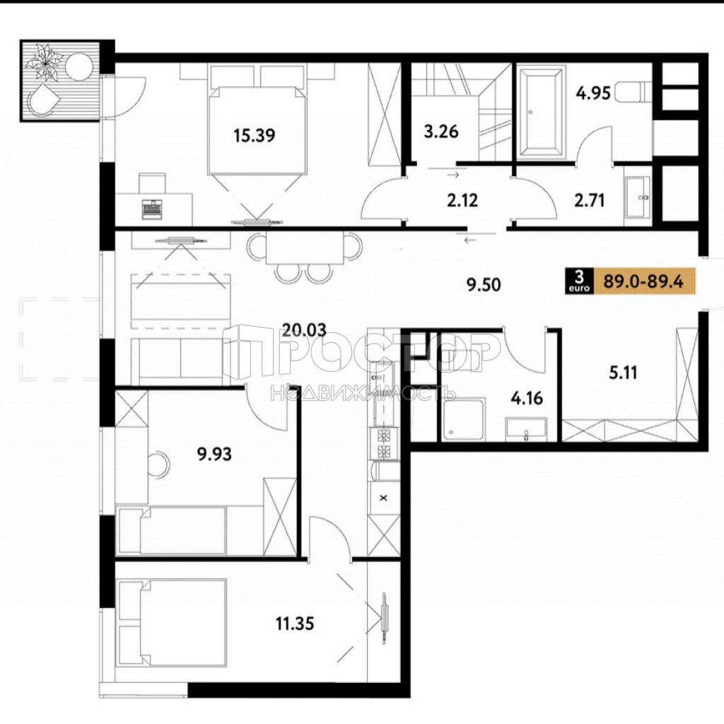 2-комнатная квартира, 89.2 м² - фото 11