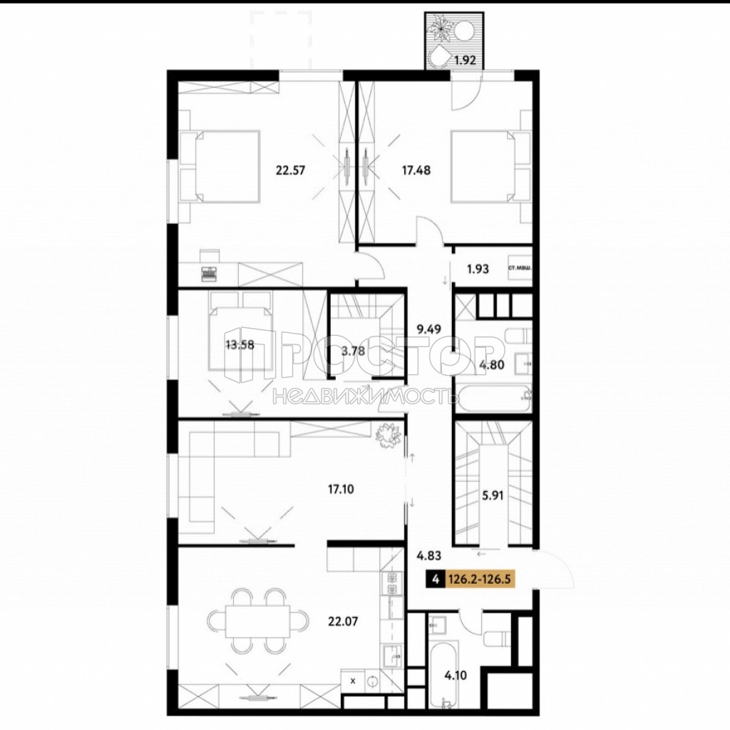 3-комнатная квартира, 126.2 м² - фото 12