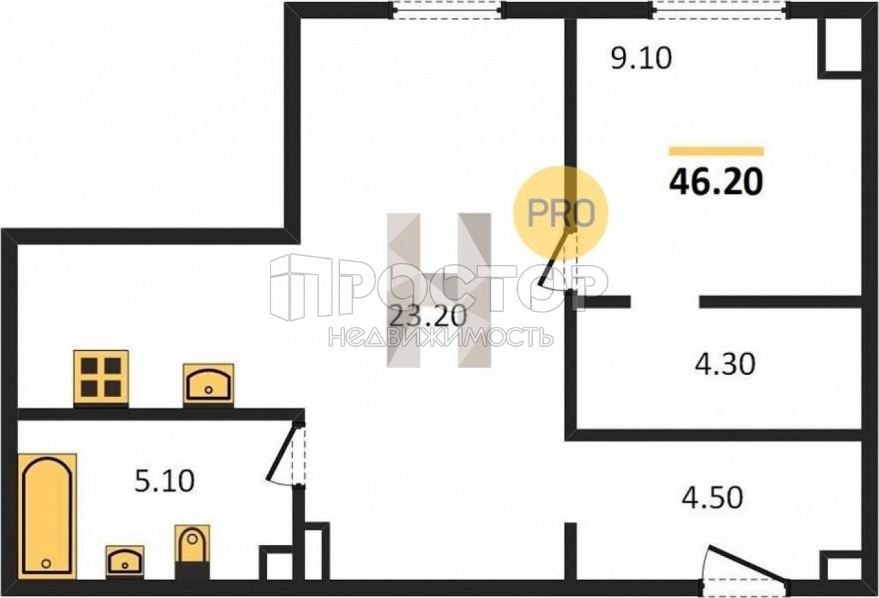 1-комнатная квартира, 46.2 м² - фото 2