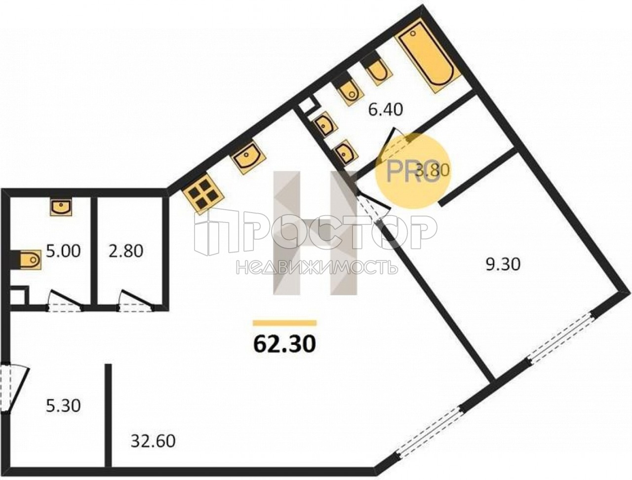 1-комнатная квартира, 62.3 м² - фото 2