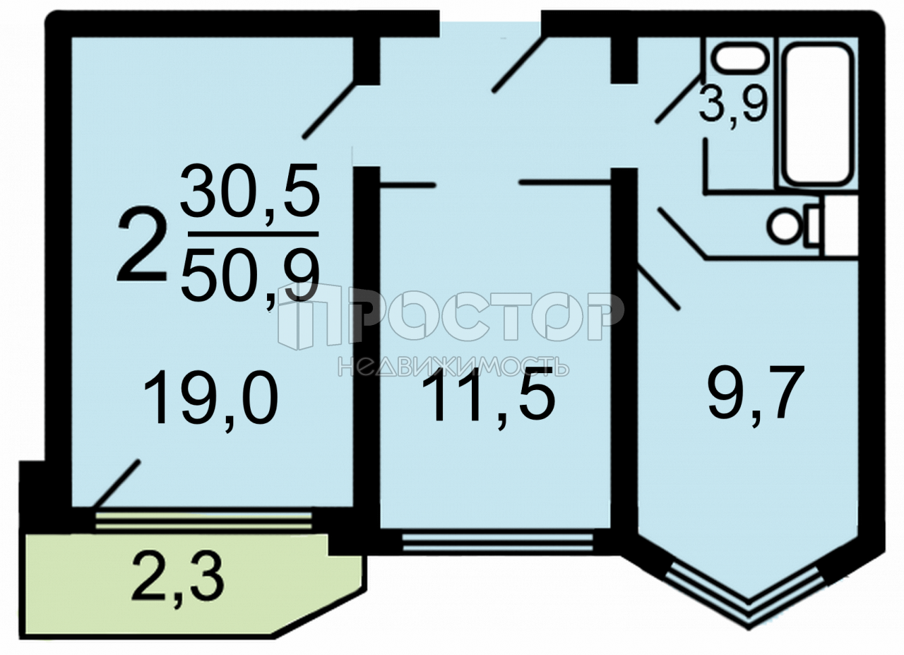 2-комнатная квартира, 50.9 м² - фото 13