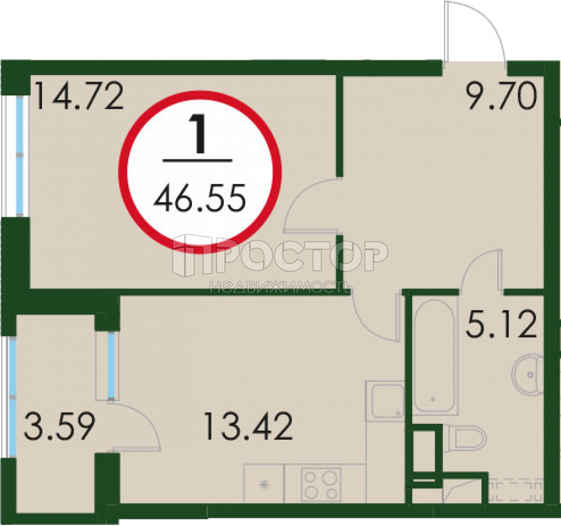 1-комнатная квартира, 46.55 м² - фото 10