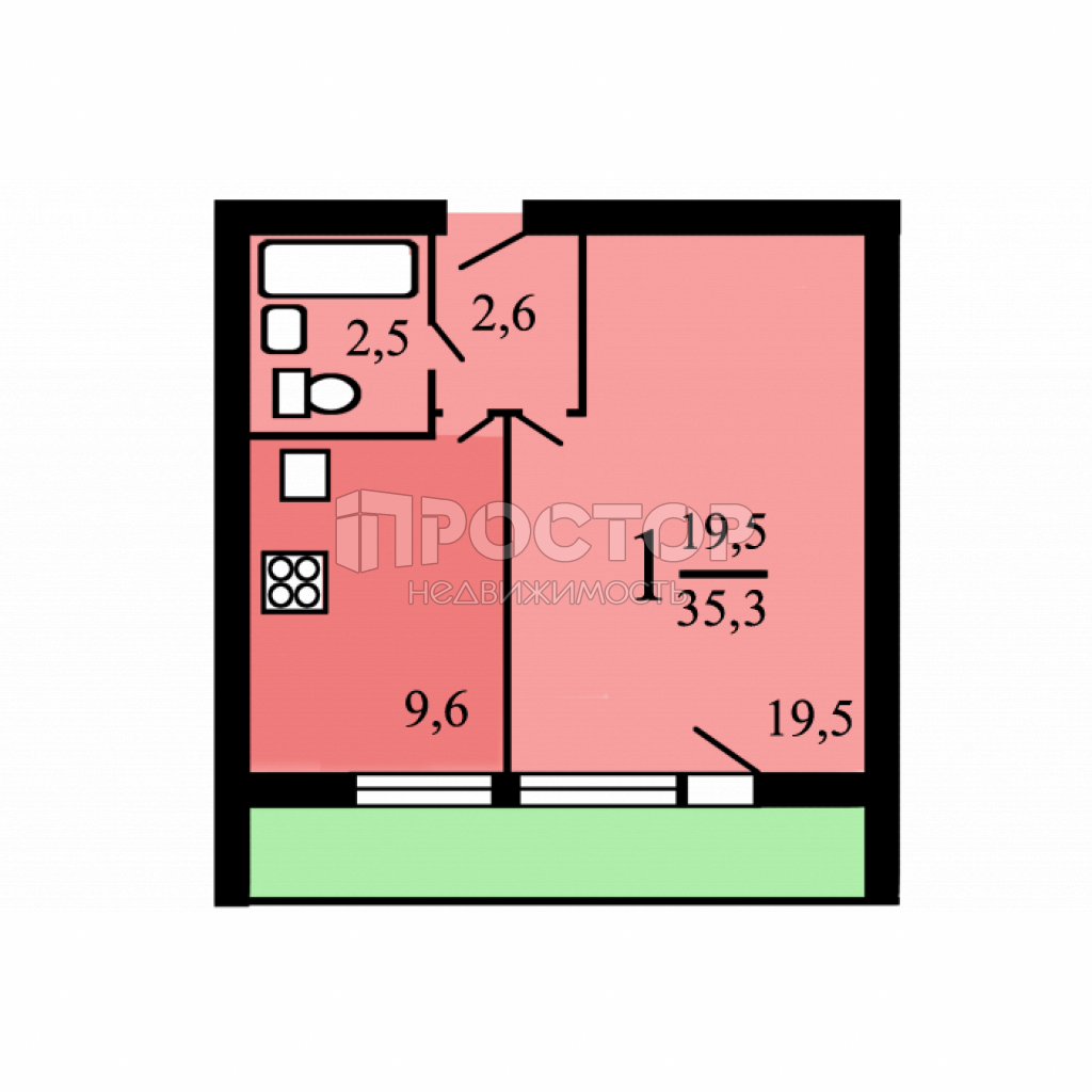 1-комнатная квартира, 35.3 м² - фото 20