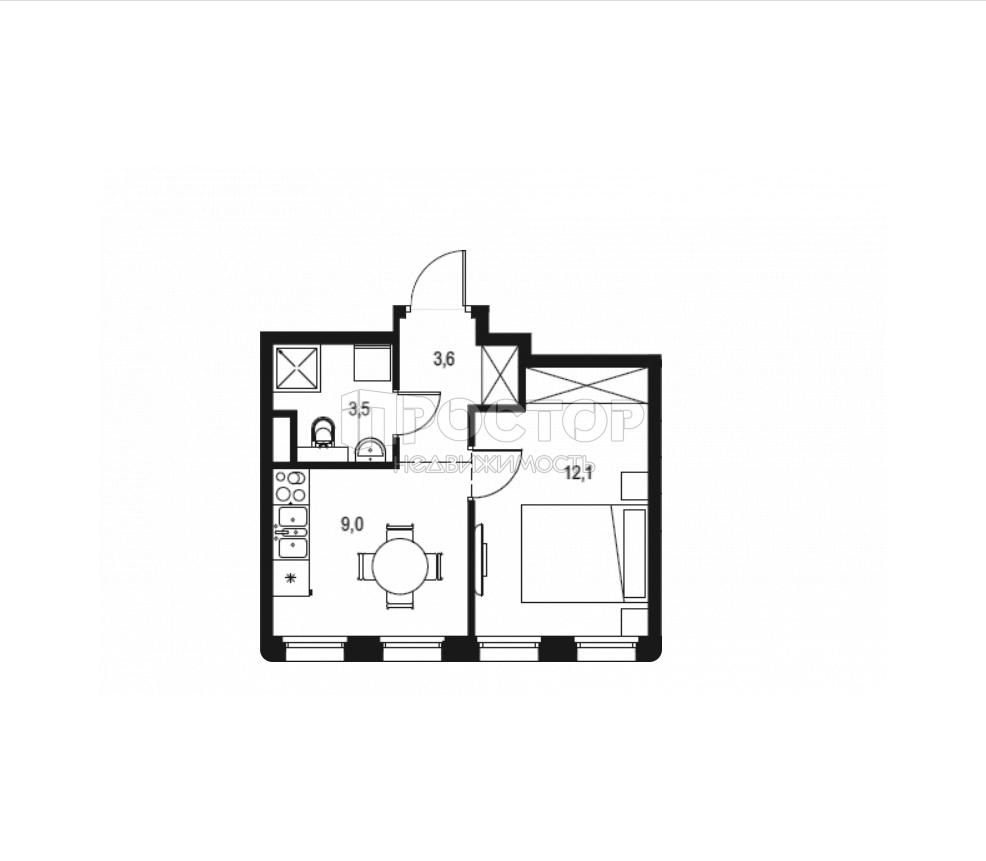 1-комнатная квартира, 28.2 м² - фото 2