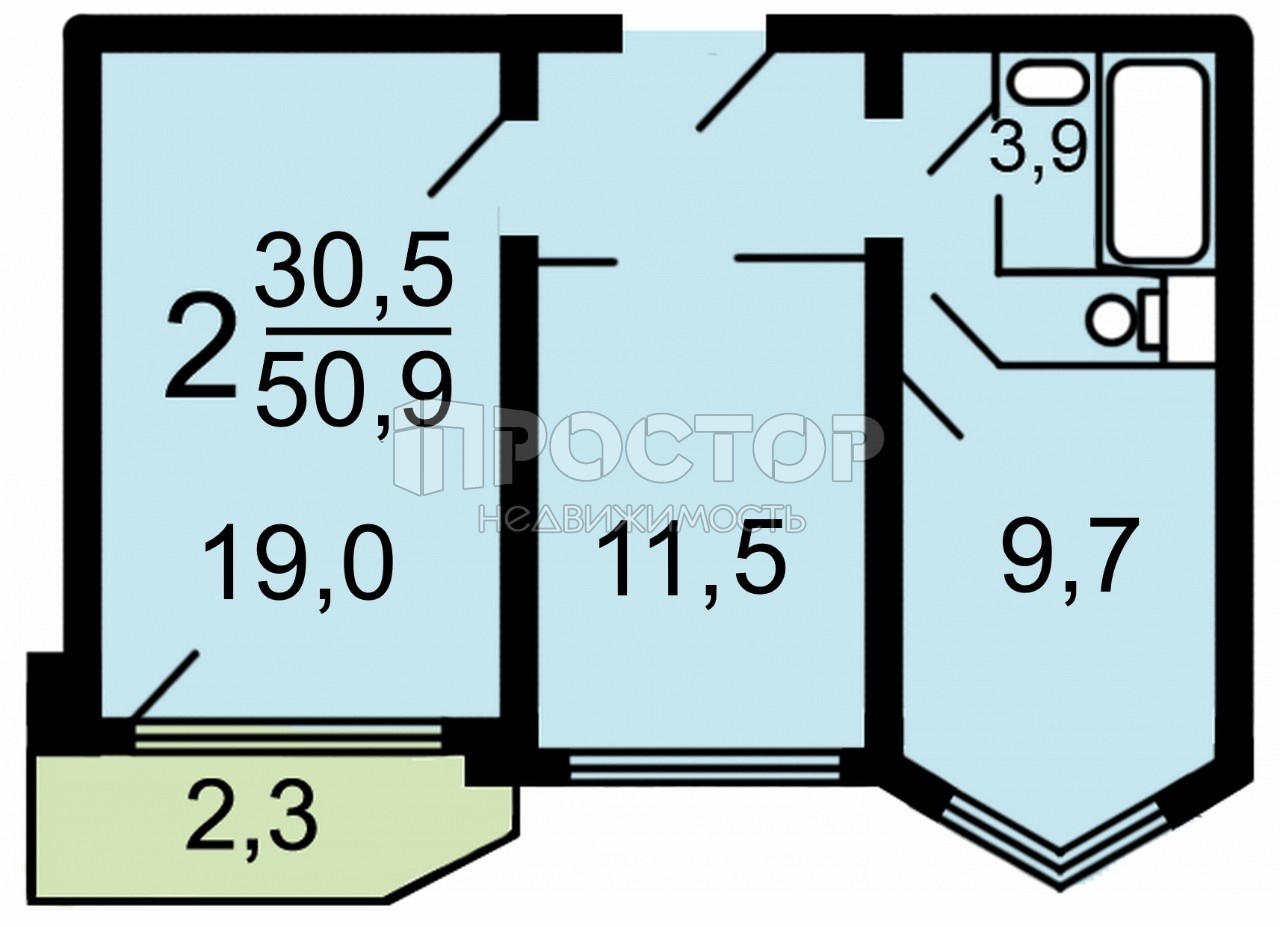 2-комнатная квартира, 51 м² - фото 2