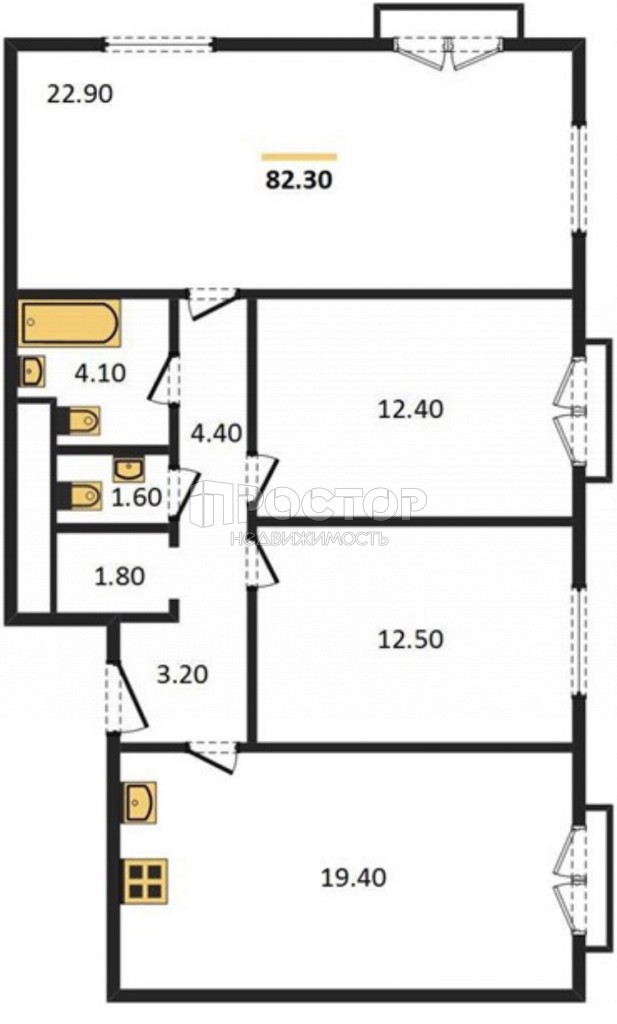 3-комнатная квартира, 82.3 м² - фото 2