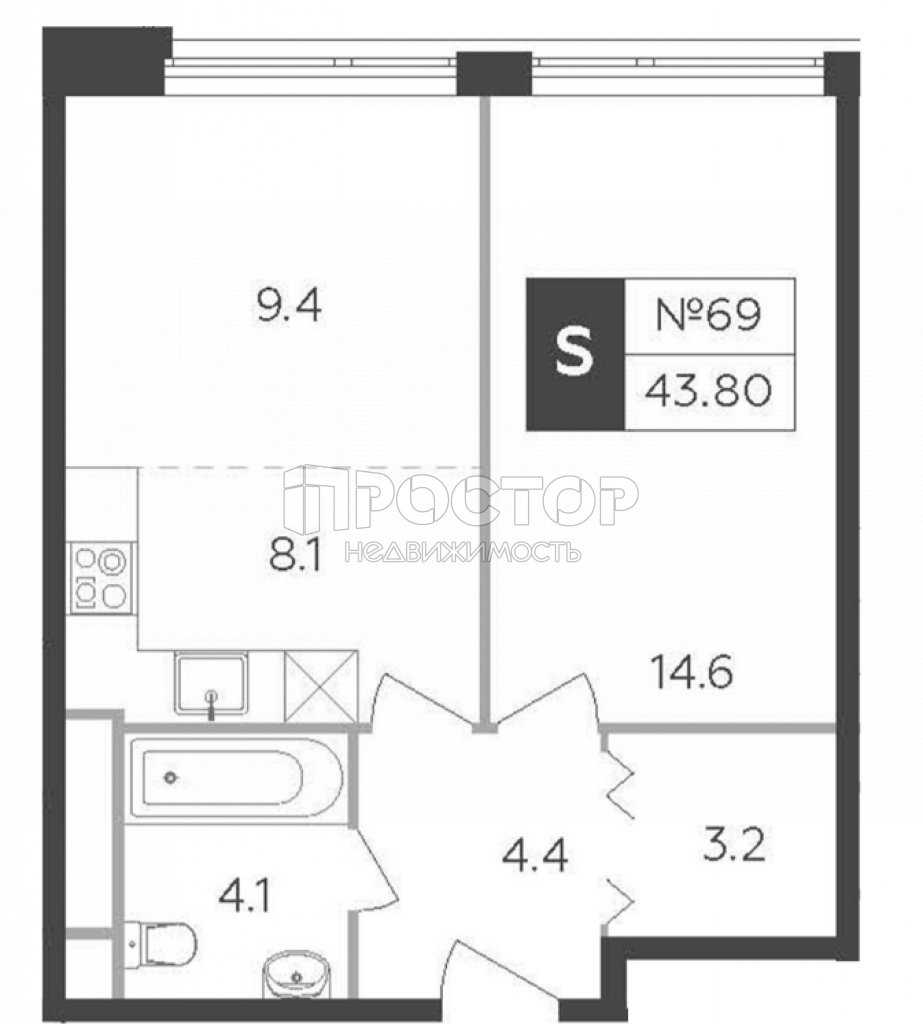 1-комнатная квартира, 43.8 м² - фото 19