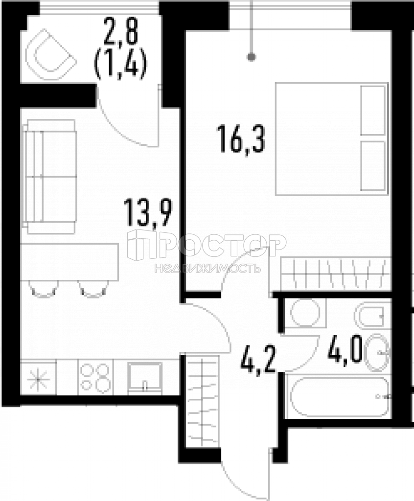 1-комнатная квартира, 39.8 м² - фото 2